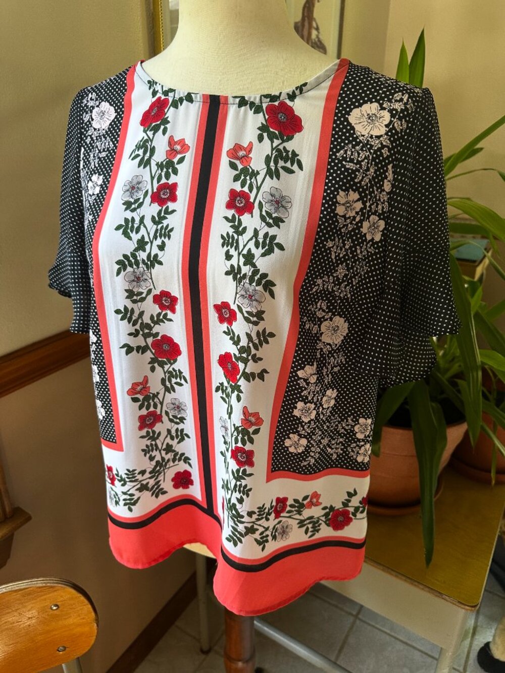 Liz Claiborne Career Blouse, Black and White Polka Dot with Red Floral, Petite M